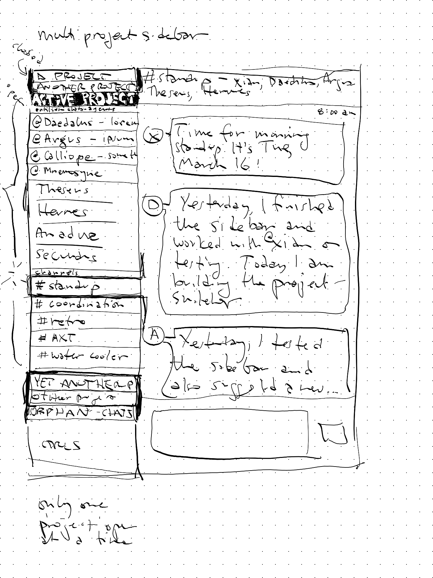 Hand-drawn sidebar wireframe on dot-grid paper